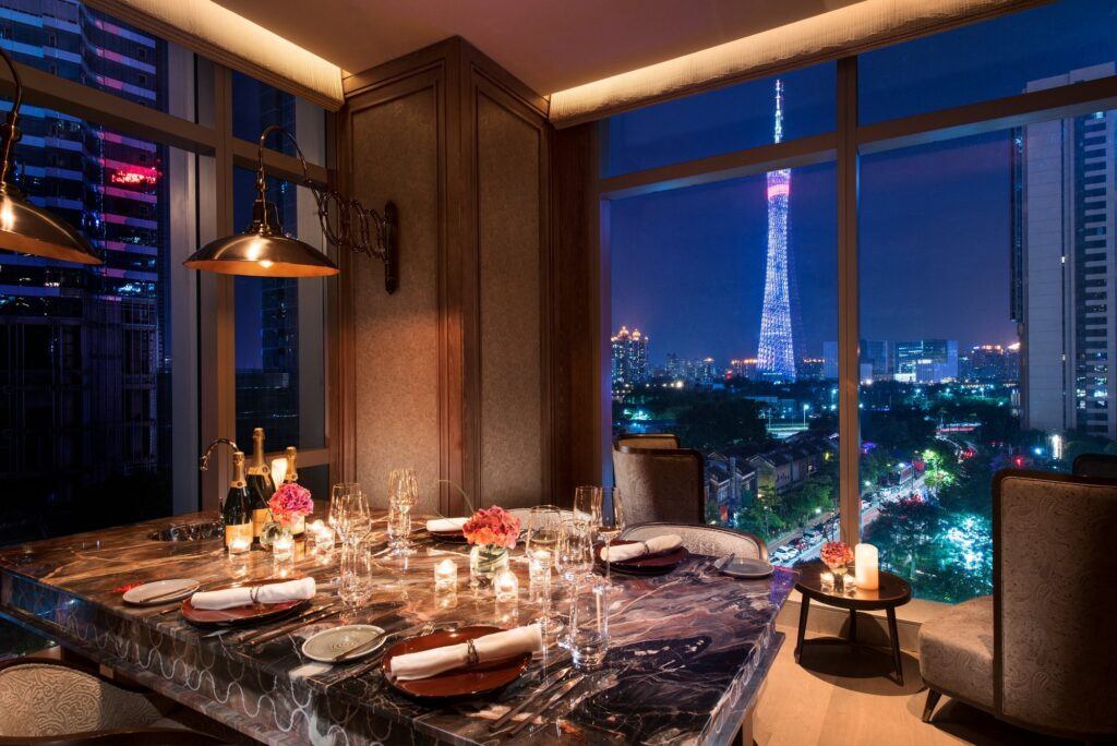 Dining with view of Canton Tower at night, Conrad Hotel Guangzhou