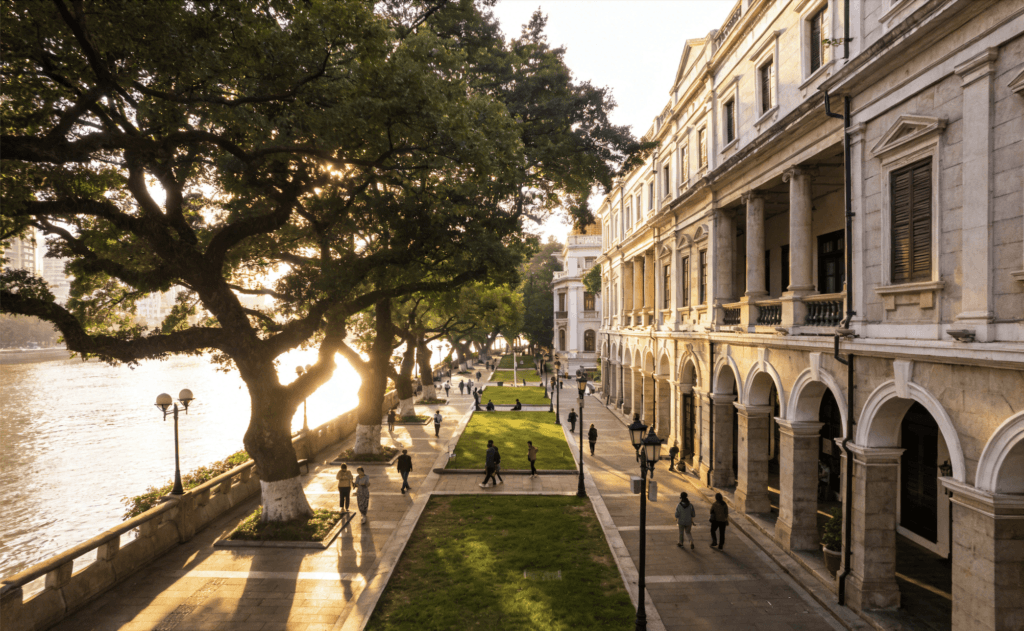 Shamian Island walking path with nature and architecture